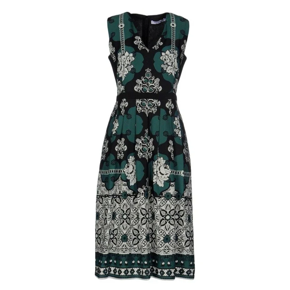 Pedro del Hierro Black Green Floral Printed A-line Sleeveless Midi Dress Sz L - Picture 1 of 16
